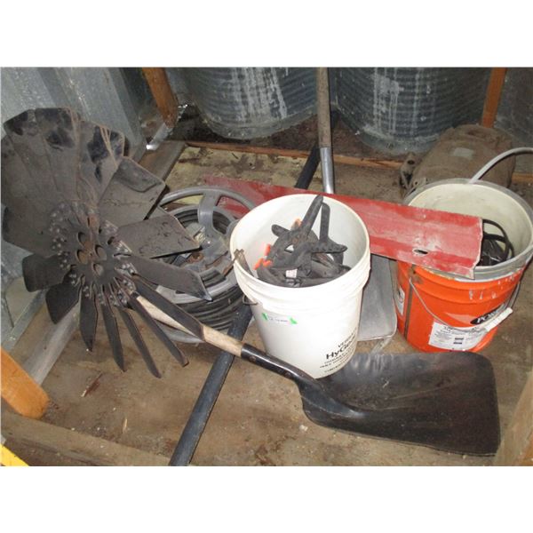 (2) pails of clamps + fan, motor, hose