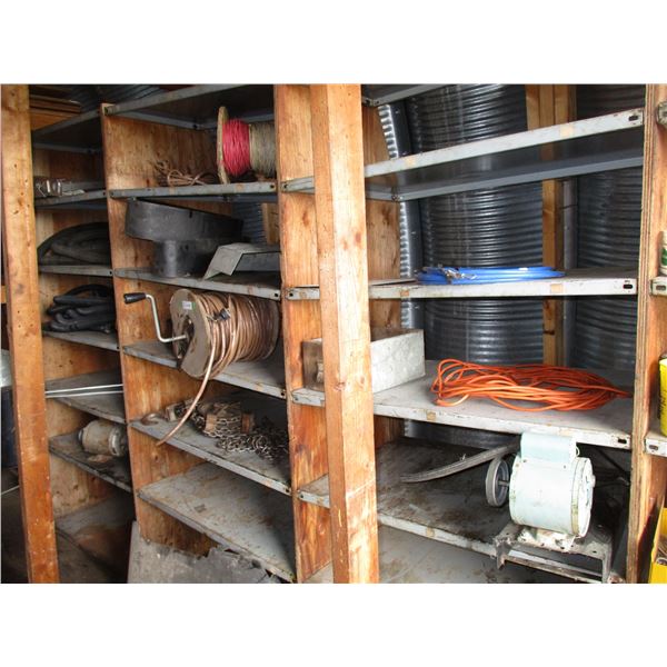 3 shelf wall displays (contents only) - wire, cords, chain hoist, etc