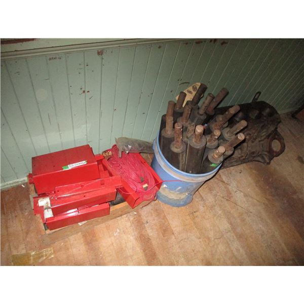 pail of rubber rollers, engine block, misc