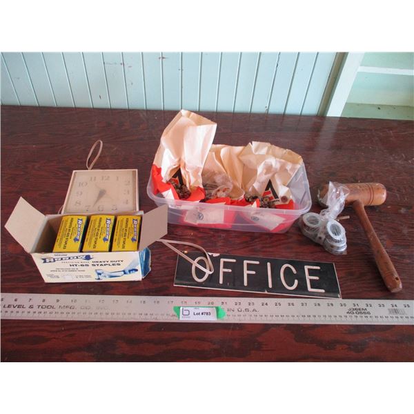 clock, wood hammer, misc