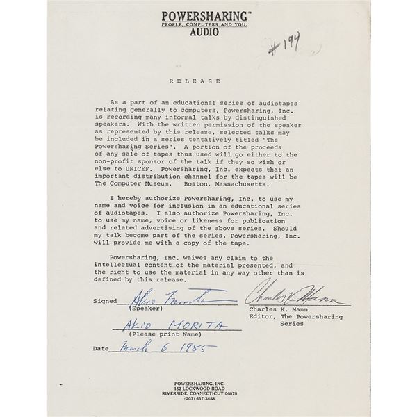 Akio Morita Document Signed