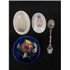Image 2 : Trinket Box  and Delft Lot- Italy, Moorcroft (Repair) Large Heart, Creamer + Two Spoons