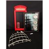Image 1 : Cool Red British Telephone Booth Chalkboard, Metal Birdcage Key Holder and Vintage Wooden Cooper Bar
