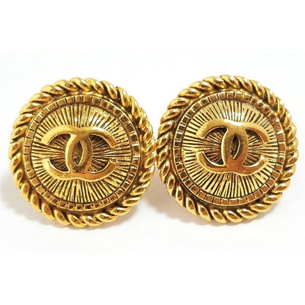 Chanel Gold-tone Metal CC Round Sunburst Logo Clip-on Earrings