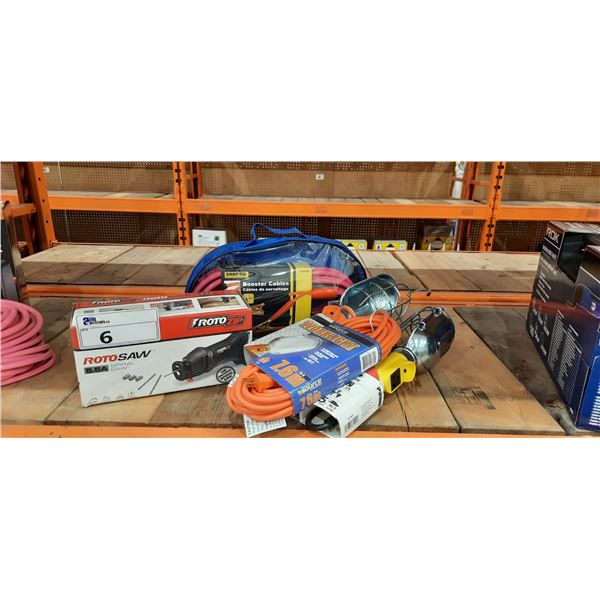 ROTOZIP 5.5A ELECTRIC SPIRAL SAW, SHOPRO VEHICLE JUMPER CABLES, & 2 ELECTRIC WORKLIGHTS