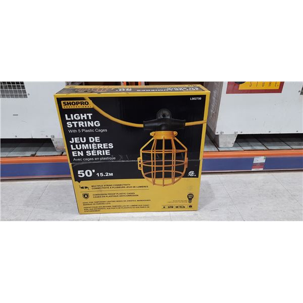 SHOPRO 50' INDUSTRIAL ELECTRIC JOB SITE LIGHT STRING WITH 5 PLASTIC CAGES