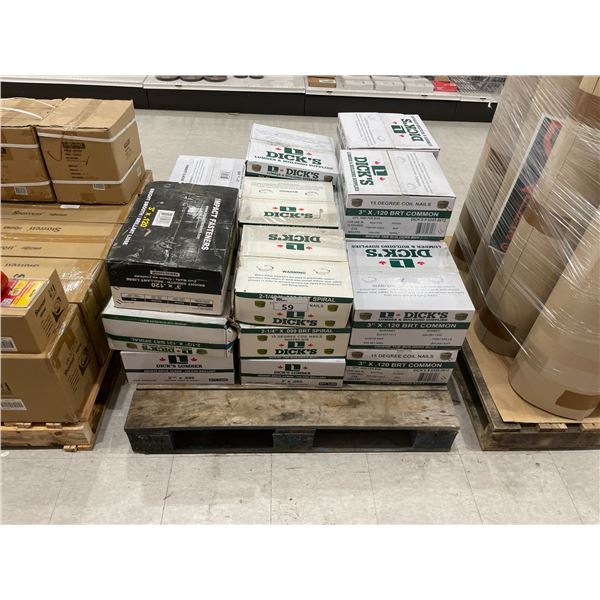 PALLET OF DICK'S LUMBER ASSORTED SIZED BOXES OF COIL NAILS