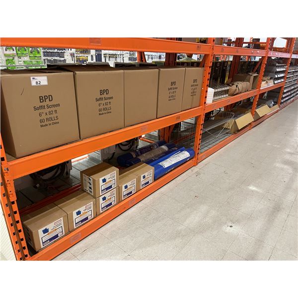 ASSORTED HARDWARE, DISPLAY RACKING, PARTS BINS, SOFFIT SCREEN, BLUESKIN, & SPIKES