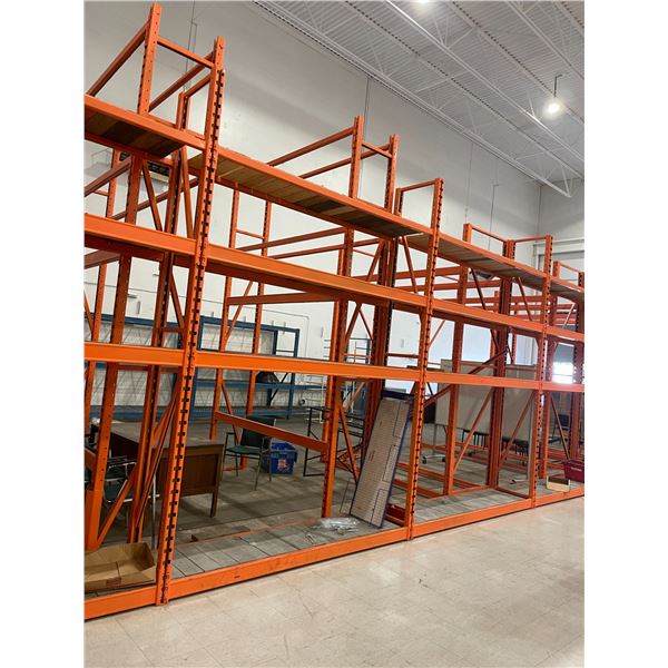 5 BAYS OF ORANGE 12' TALL 24" DEPTH 8' WIDE CROSSBAR ADJUSTABLE INDUSTRIAL PARTS RACKING