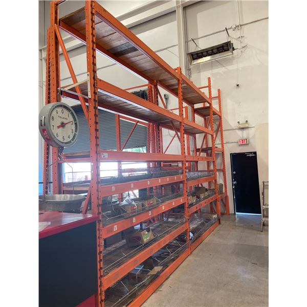 2 BAYS OF ORANGE 12' TALL 24" DEPTH 8' WIDE CROSSBAR ADJUSTABLE INDUSTRIAL PARTS RACKING, 1 BAY OF