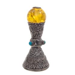 Antique Tibet Silver Ink Stamp Amber Turquoise (ANT-571)