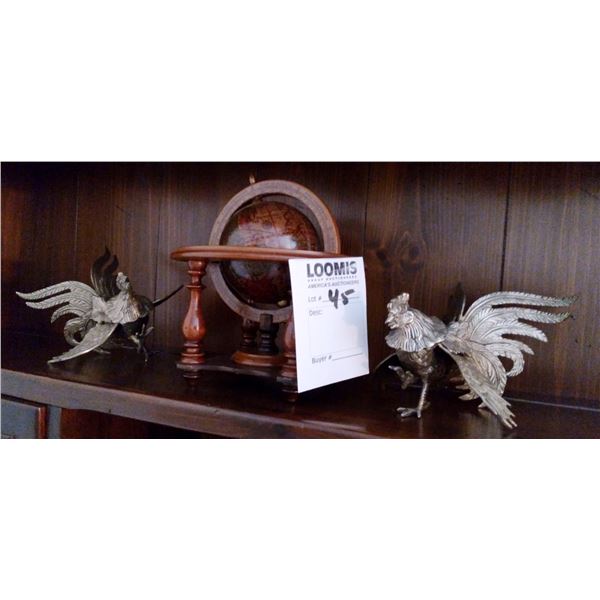 METAL FIGHTING ROOSTER, WOODEN GLOBE - SIGNED, CURLEY MAPLE RECEIPT BOX
