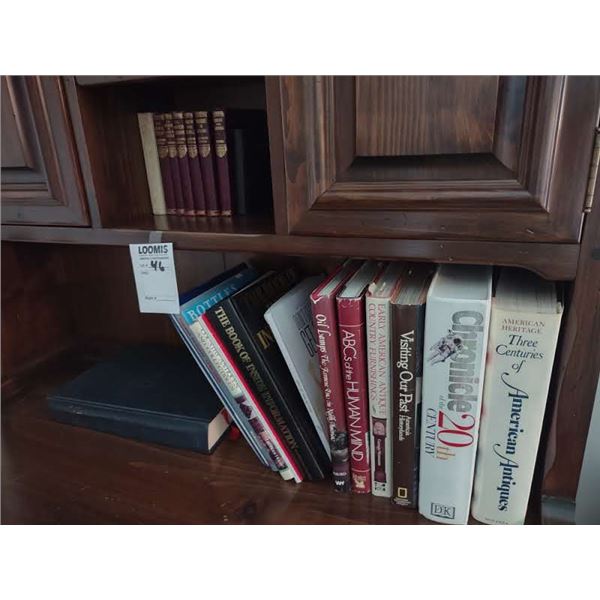 CONTENTS OF WALL CUPBOARD: MANY BOOKS ON ANTIQUES, POPULAR FICTION, BIBLES, DRAWER FULL OF CANDLES, 