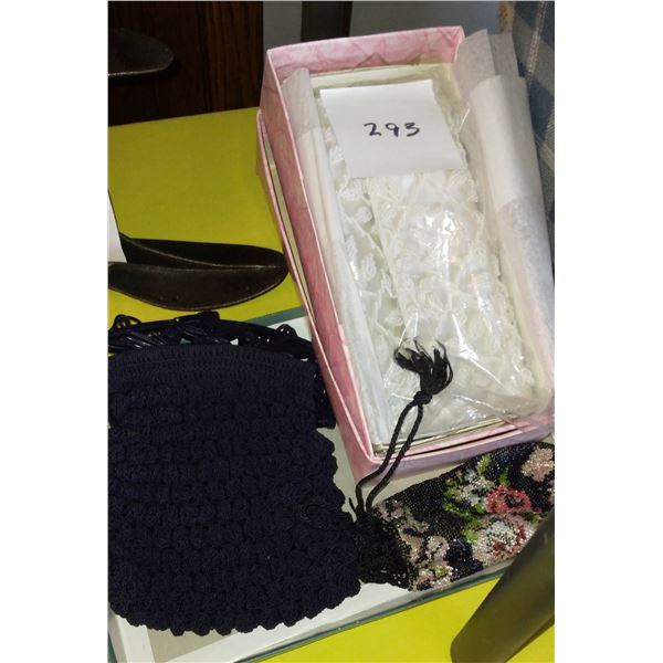 BEADED PURSE W/ PLASTIC CLASP, BEADED AND SATIN PURSE