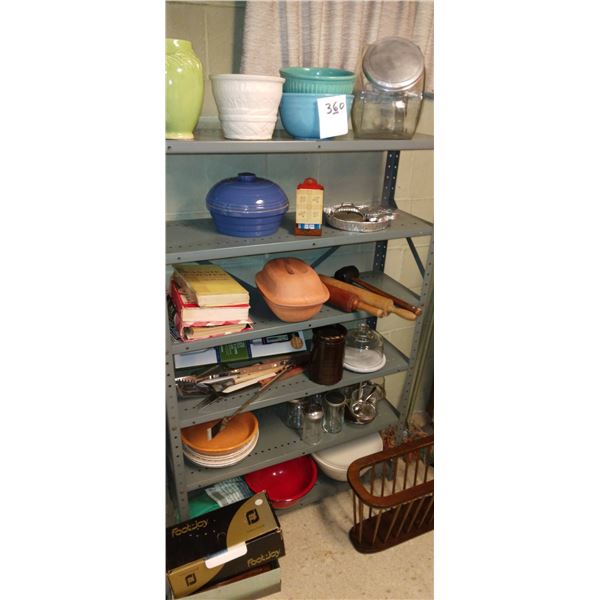SHELF LOT OF MISC. KITCHEN ITEMS: PYREX, ROLLING PIN, COOKBOOKS, ETC.