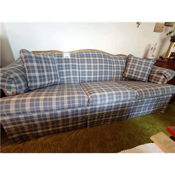 3 CUSHION CLEAN BLUE PLAID UPHOLSTERED SOFA W/ MAPLE LEGS AND TRIM