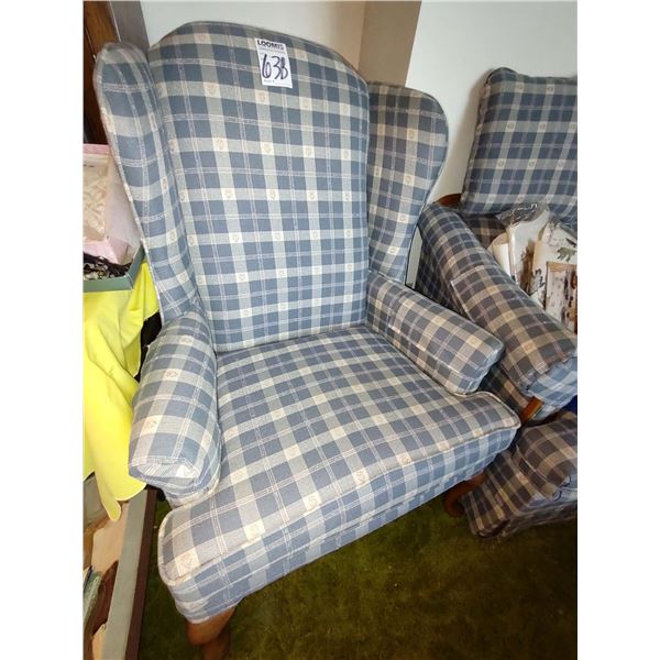 CLEAN, BLUE PLAID UPHOLSTERED ARMCHAIR W/ MAPLE LEGS, MATCHES LOT 63