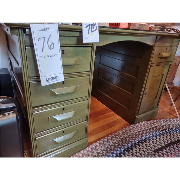 WOODEN OFFICE DESK, W/ 5 LOCKING DRAWERS AND SIDE DOOR, TOP 36" X 48"