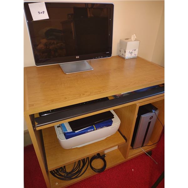 HP DESKTOP COMPUTER SYSTEM W/ COLOR PRINTER, AND LIKE-NEW WOOD COMPUTER DESK, ALL IN GOOD WORKING OR