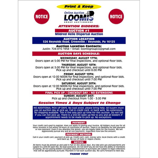 AUCTION DAYS / INSPECTION / PICK UP / CHECKOUT