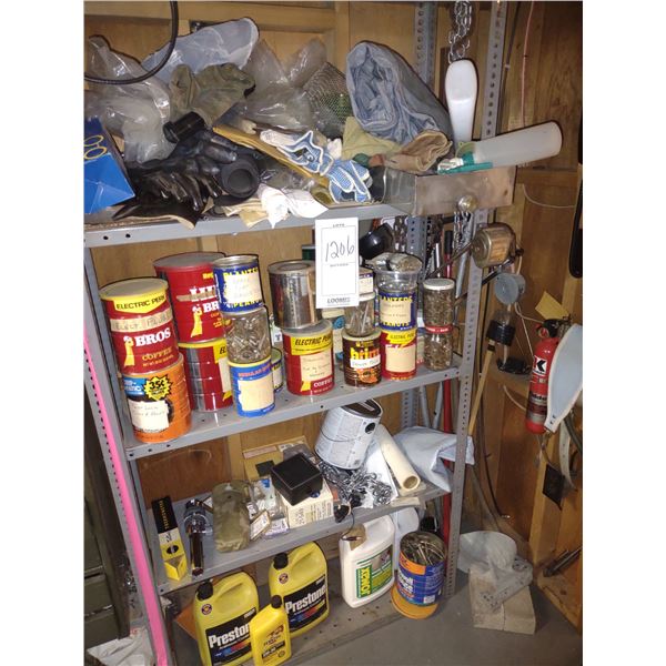 5 SHELVES LOADED WITH HARDWARE AND OTHER ITEMS (SHELVING NOT INCLUDED)