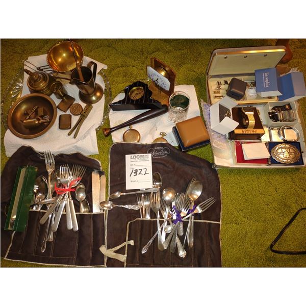 LOT OF SILVERWARE, JEWELRY, ETC.