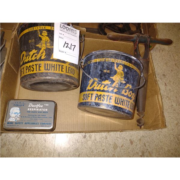 VINTAGE DUTCH BOY WHITE LEAD BUCKETS, HAND DRILL, RESPIRATOR