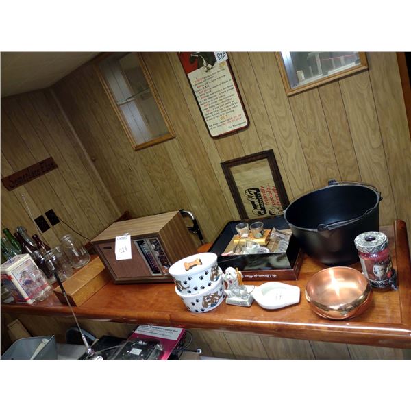SONY RADIO, LAMP, BOTTLES, DISHES, BUCKET