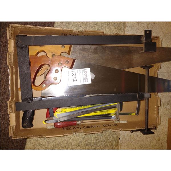 BUNDLE LOT: ASSORTED HAND SAWS AND SAW BLADES / MOTOR AND FISH MEASURING TAPE