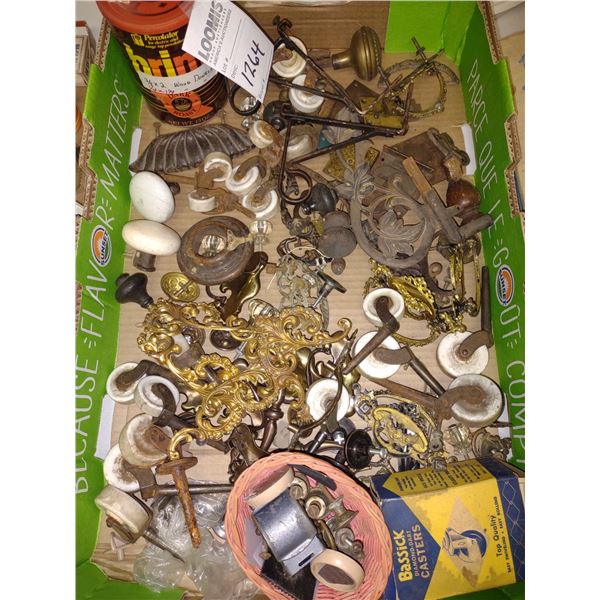 BOX OF CASTORS, DOOR KNOBS, ETC.