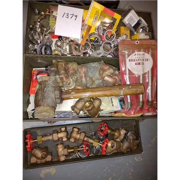 TOOL CHEST W/ COPPER PARTS, PLUMBING MATERIALS, MALLET