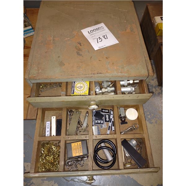 2 DRAWER WOODEN BOX W/ ASSORTED HARDWARE