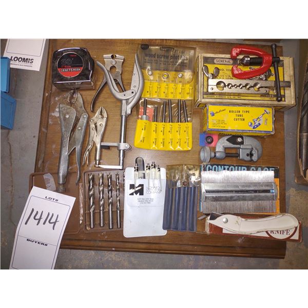 LOT OF ASSORTED TOOLS, TAPE MEASURE, DRILL BITS, ETC.