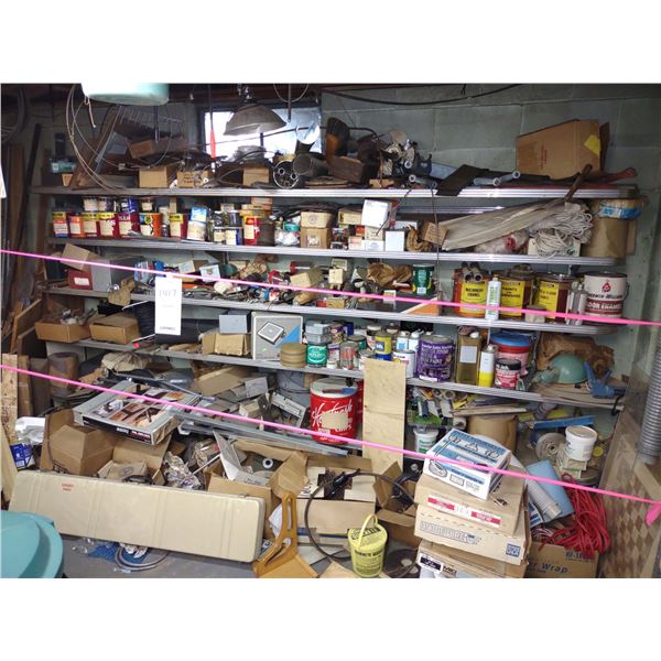 BACK WALL LOT OF PLUMBING, ELECTRICAL, THOUSANDS OF ITEMS (SHELVING NOT INCLUDED)