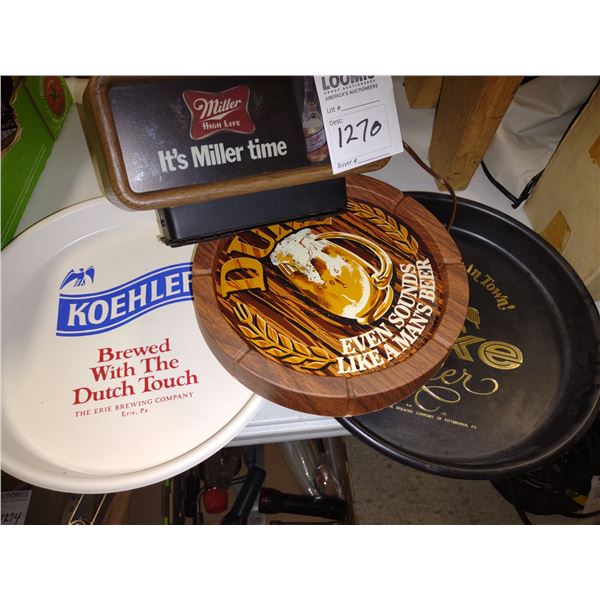 MILLER TIME LIGHT, DUKE, KOEHLER BEER TRAYS