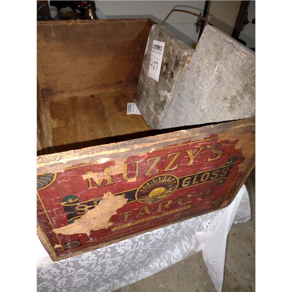 PAIR OF ANTIQUE STONE WARMERS AND MUZZYS STARCH WOODEN CRATE