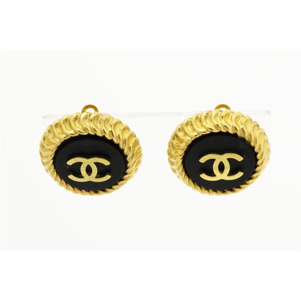 Chanel Gold-tone Metal CC Black Enamel Logo Clip-on Earrings
