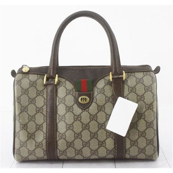 Gucci Vintage Brown Beige GG Plus Sherry Line Boston Handbag