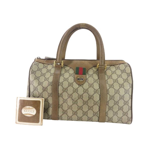 Gucci Vintage Beige GG Monogram Canvas Leather Web Sherry Boston Bag