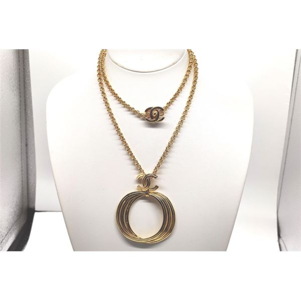 Chanel Gold-tone Metal CC Ring Pendant Turn-lock Chain Necklace