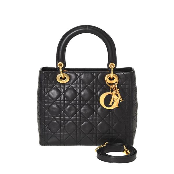 Christian Dior Black Quilted Cannage Leather Lady Dior Medium 2Way Bag