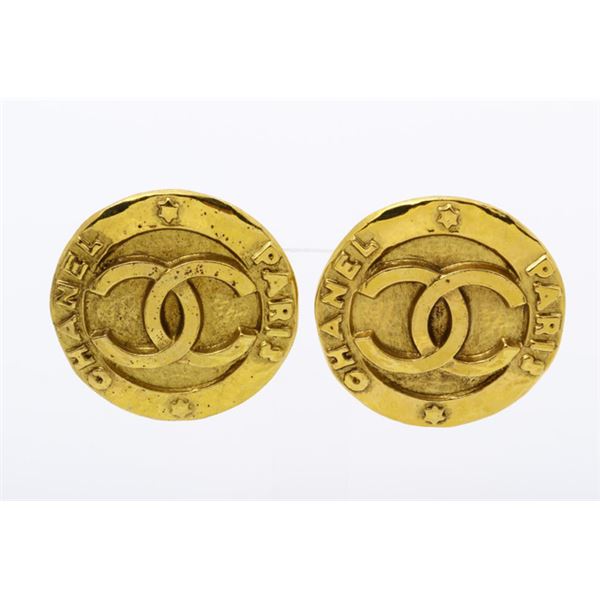 Chanel Gold-tone Metal CC Paris Logo Button Clip-on Earrings