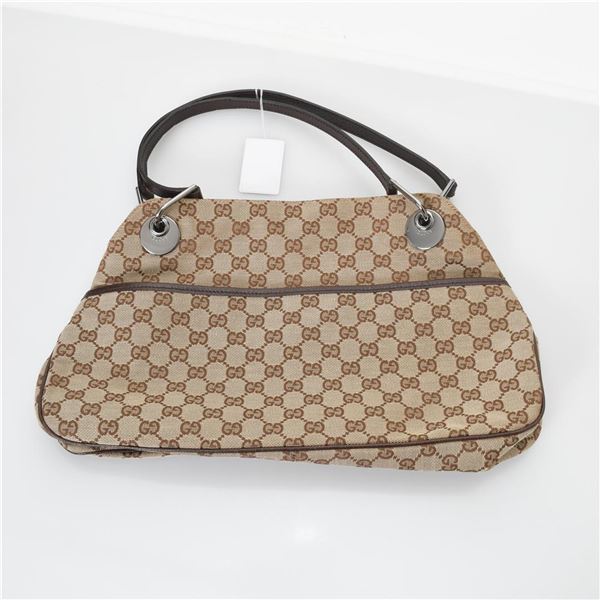 Gucci Brown Beige GG Monogram Canvas Leather Eclipse Tote Bag