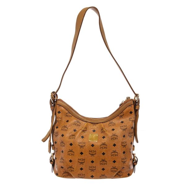 MCM Cognac Monogram Visetos Canvas Leather Hobo Bag