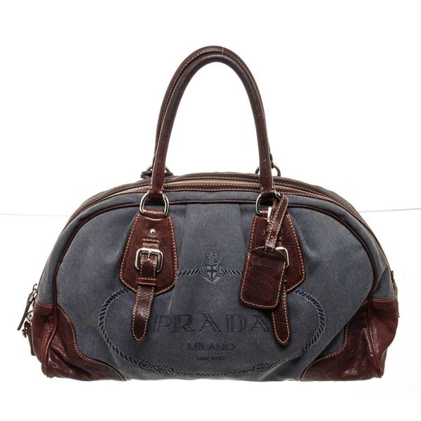Prada Blue Denim Leather Bowler Shoulder Bag