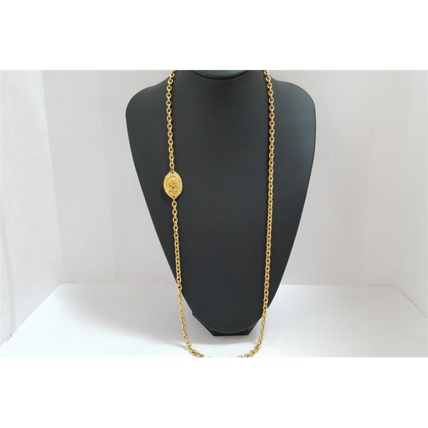 Chanel Vintage Gold-tone Metal Oval CC Crown Medallion Long Necklace