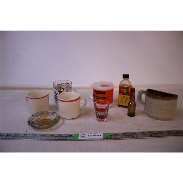 Assorted Cups and Vintage Bottles