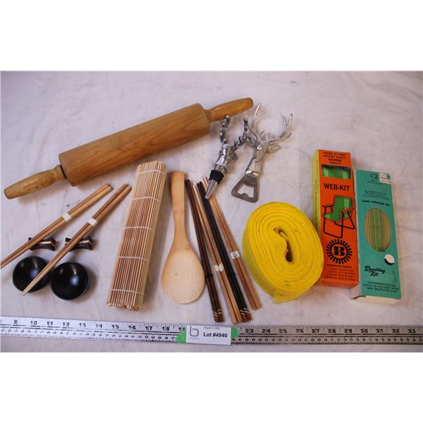 (6) Sets of Chopsticks, Stands and Soy Bowls, Bottle Stopper/Opener, Rolling Pin, misc