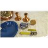 Image 3 : copper items (native american tray), enamel bowl, wooden spindle carving