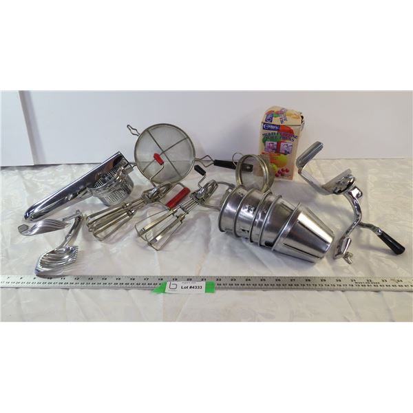 Juice Press, hand beaters, slicer, utensils